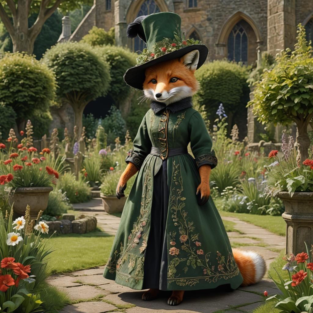 Fox Lady in Abbey Garden, Hyperrealistic Art