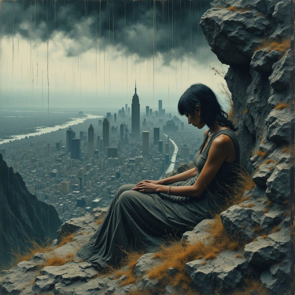 Woman Contemplates City from Mountain Peak in Smokey Grunge ...