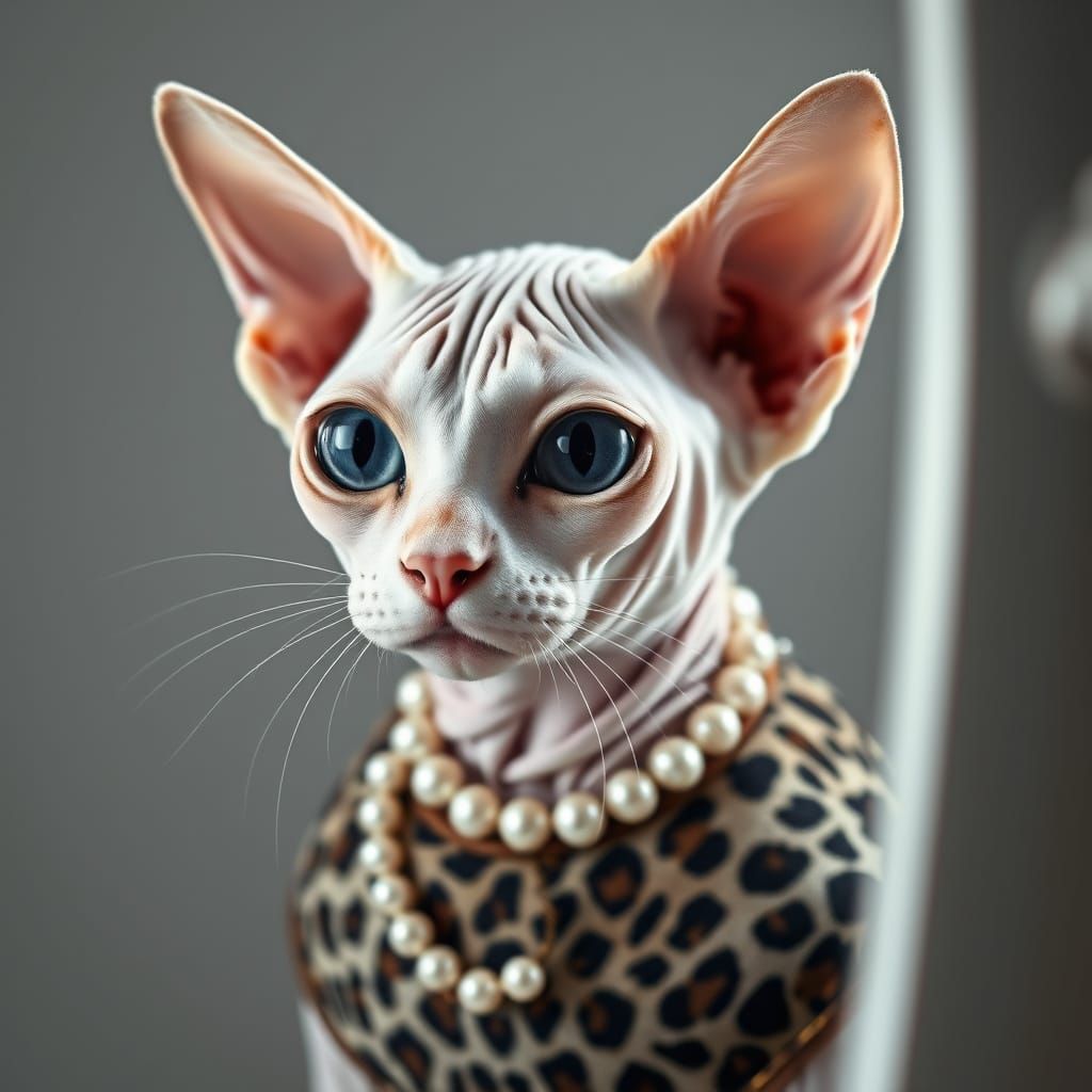 Elegant Sphynx Cat in Leopard Dress, Modern Photography