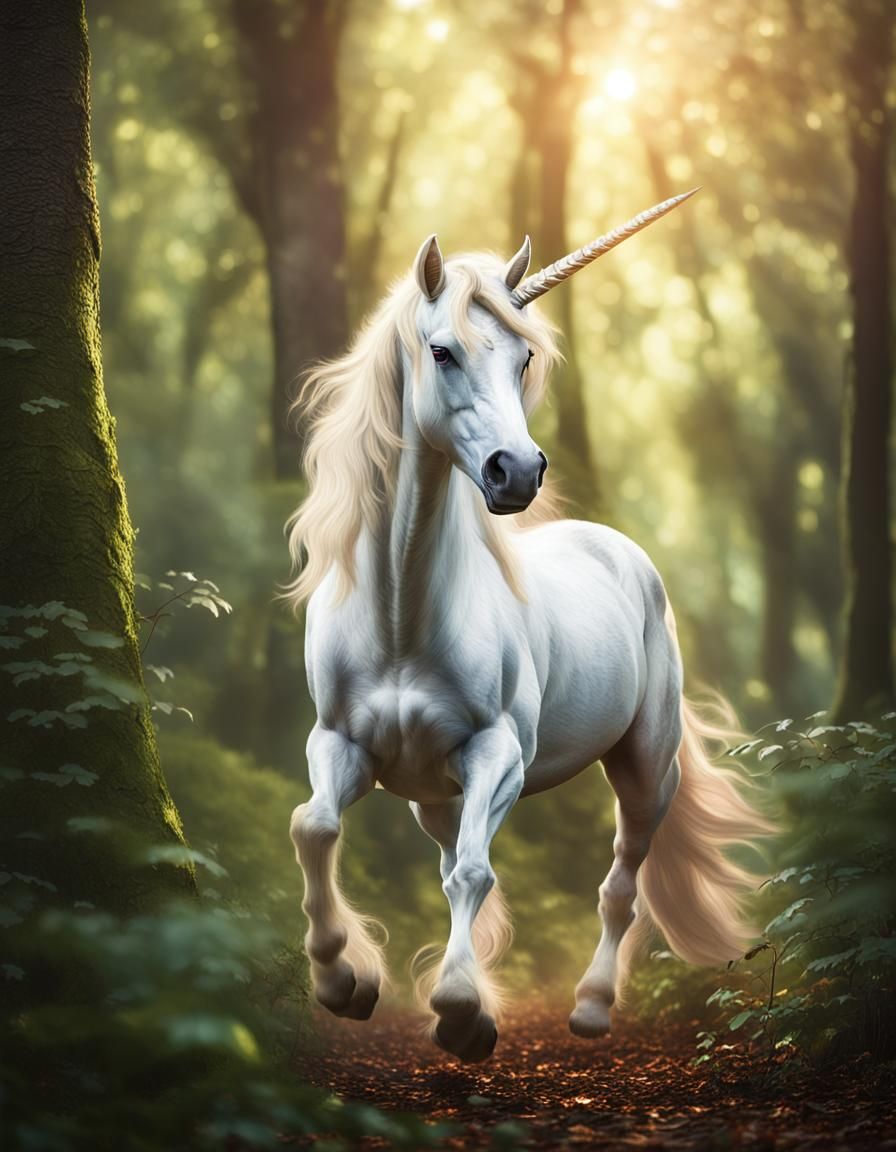Majestic Unicorn Charges Through a Lush Forest in a National...