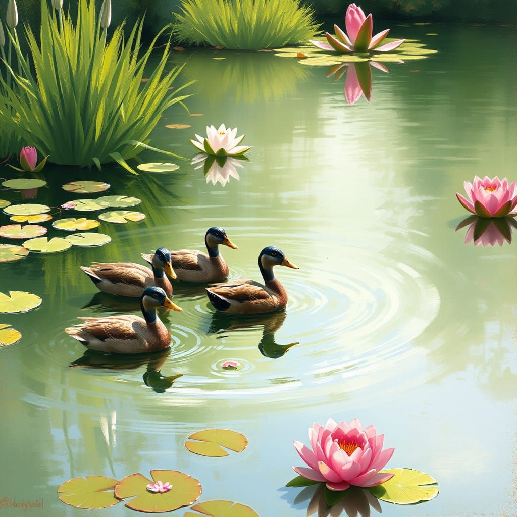 Ducks in Pond as Impressionist Painting