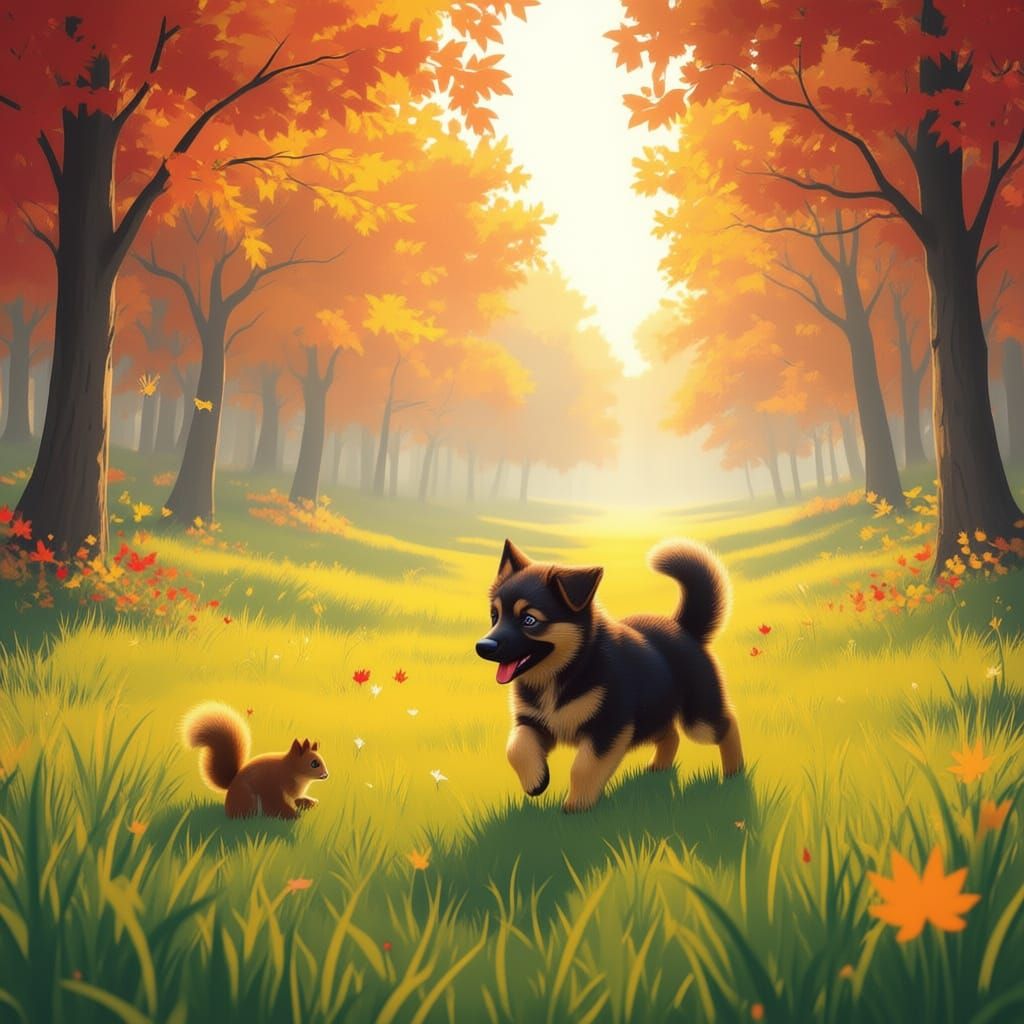 German Shepherd Puppy Chases Squirrel in Misty Autumn Field