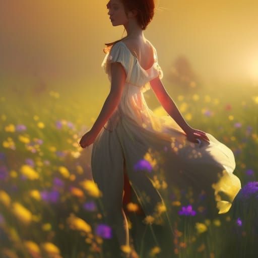 Girl in Wildflower Meadow, Art Nouveau Style