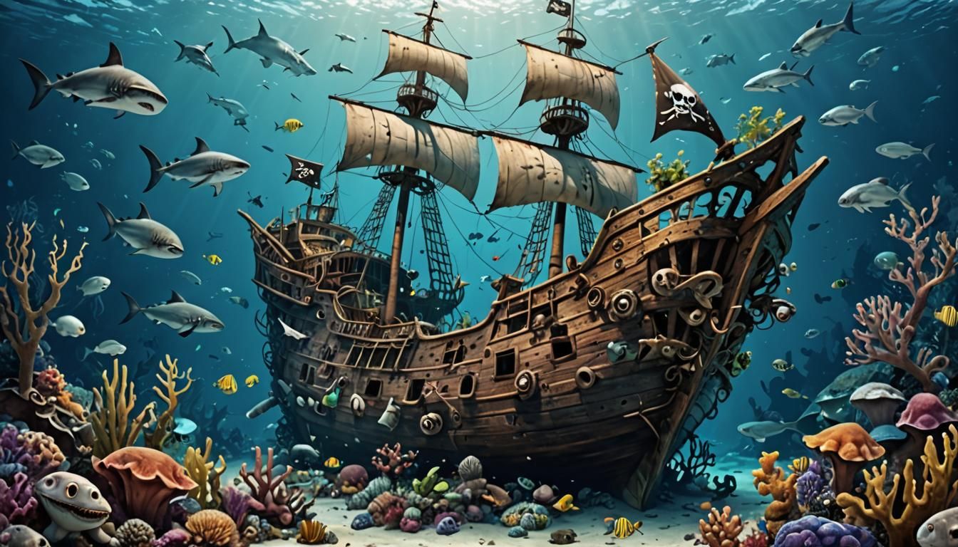 Underwater Pirate Ship Wreck with Marine Life