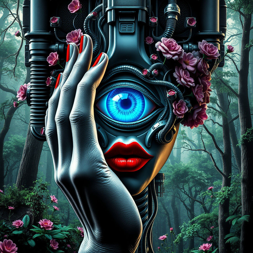 Biomechanical Face with Electric Blue Eye