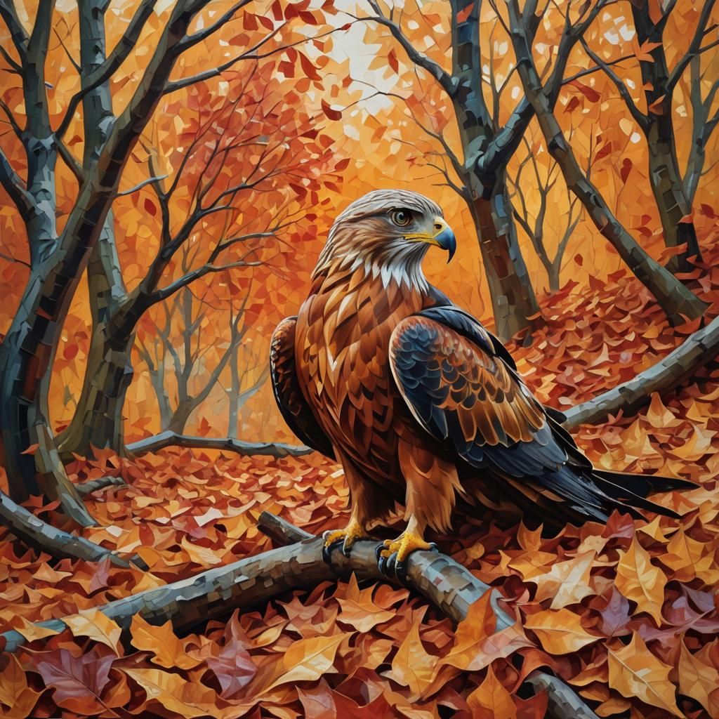 Red Kite in Autumn Leaves, Expressionist Oil Painting