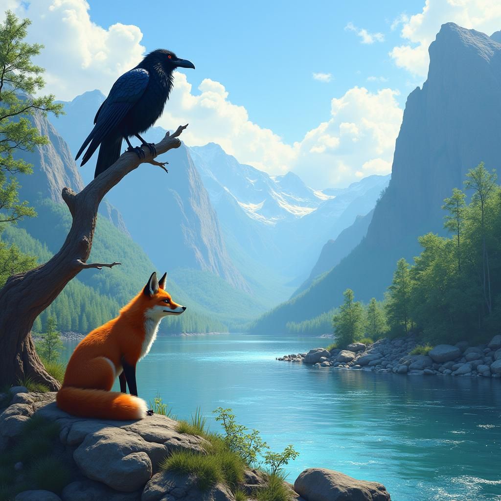 Raven and Fox in High-Fantasy Landscape