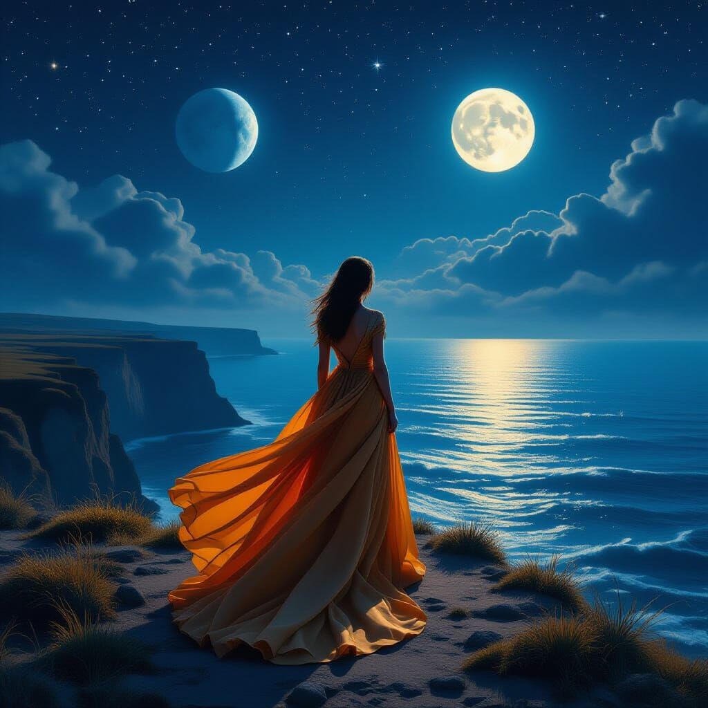 Woman in Autumn Gown on Alien Cliff Under Twin Moons