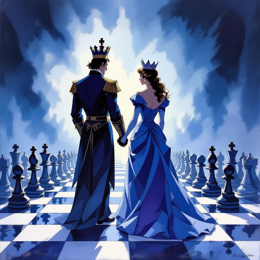 Gouache Painting of Chess King and Queen Defending Pawns
