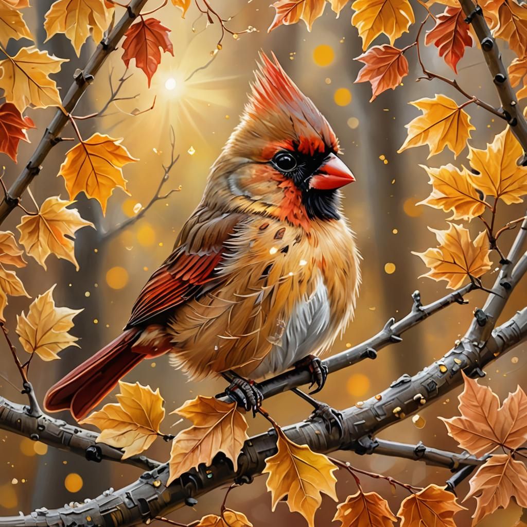 Cute Cardinal in Autumnal Glow: 3D Rendered Art