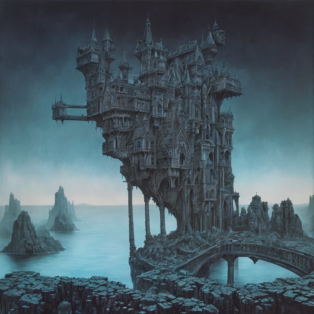 Surreal Castle with Drawbridges, in Dark Style