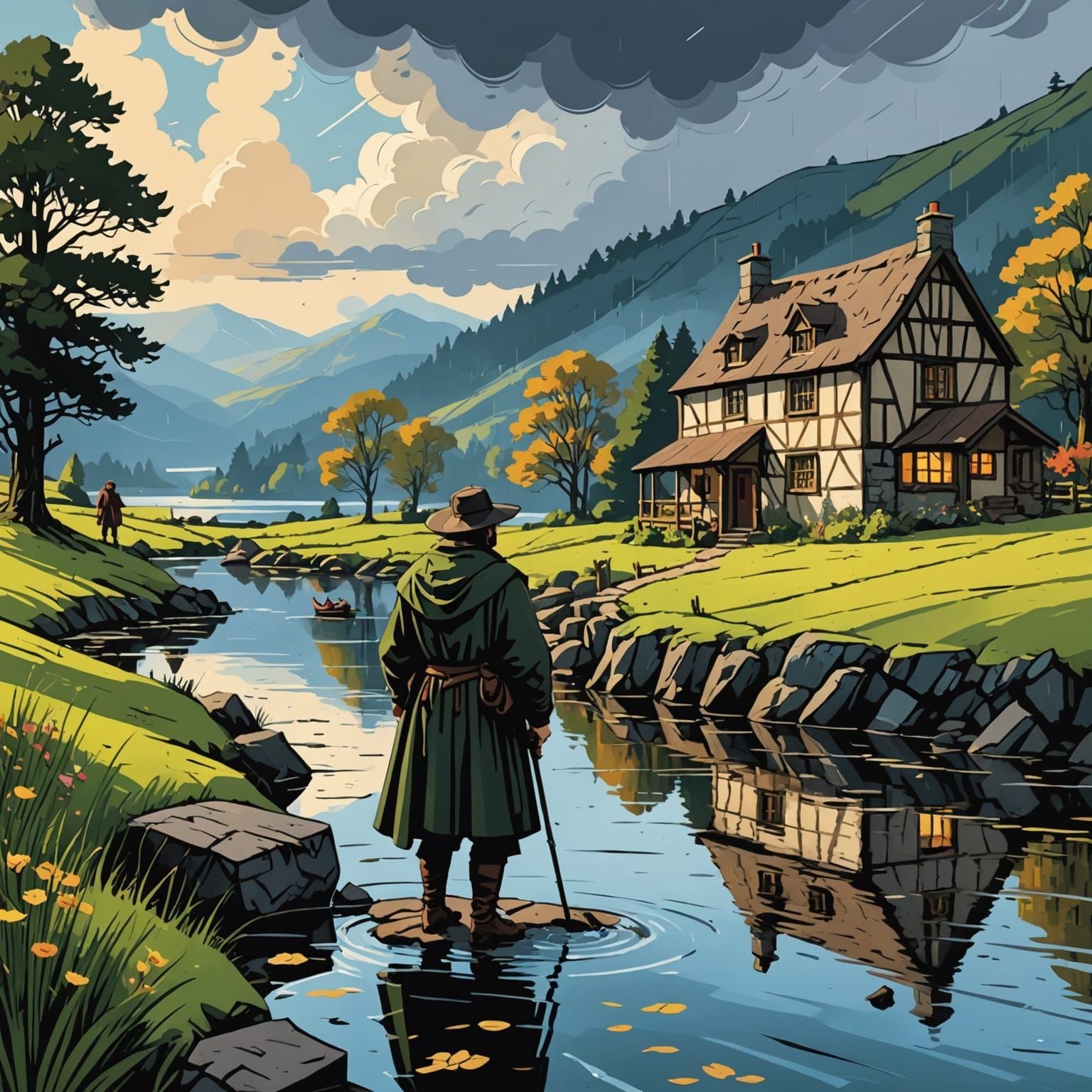 Cottagecore Painting of Rainy Lake District Scene