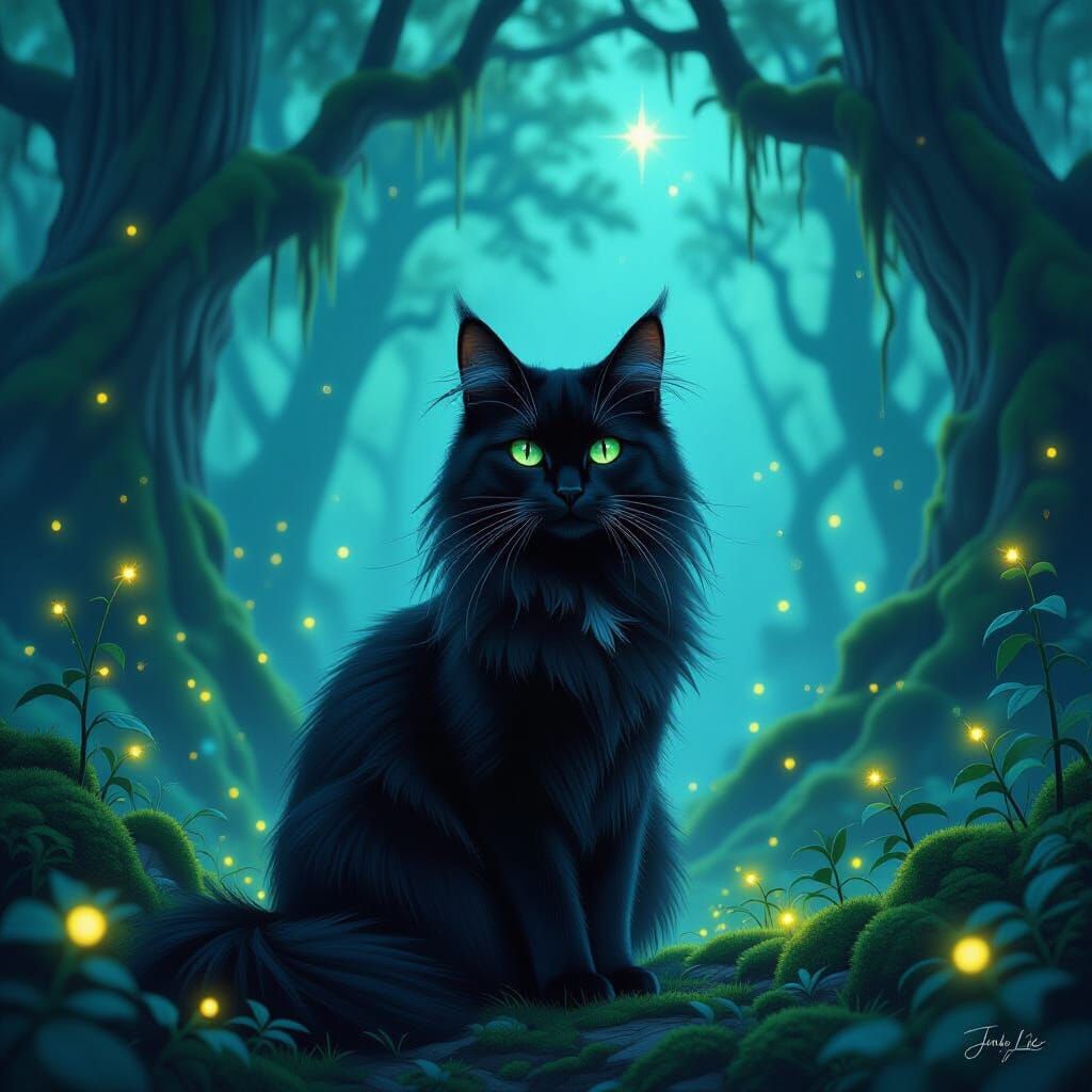Black Cat in Enchanted Forest with Fireflies