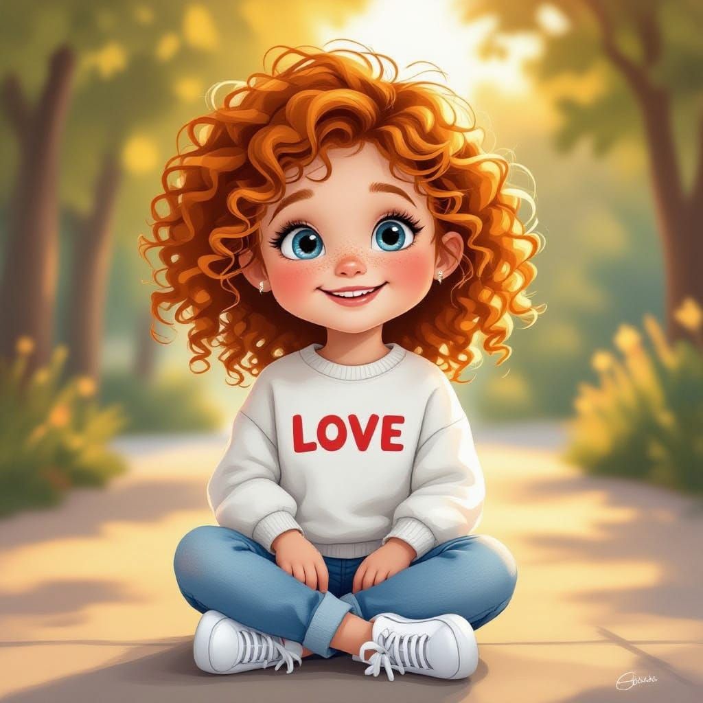 Charming Digital Illustration of a Smiling Ginger Girl