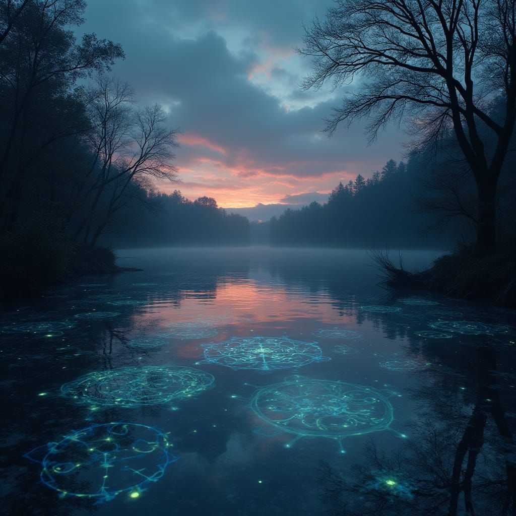 Surreal Twilight Lake Reflecting Abstract Patterns and Symbo...