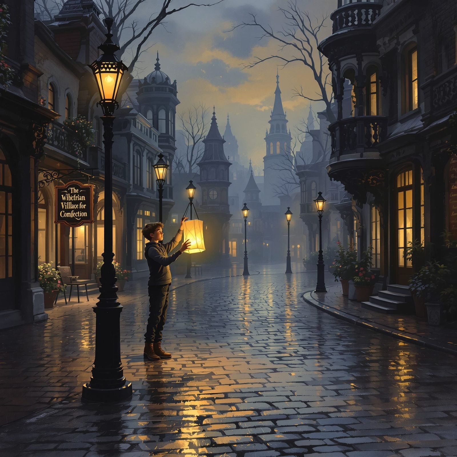 Victorian Boy with Lantern: Impressionist Village Scene