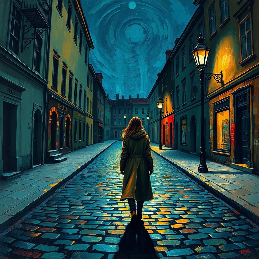 Mysterious Nighttime Alleyway in Neo-Expressionist Oil Paint...