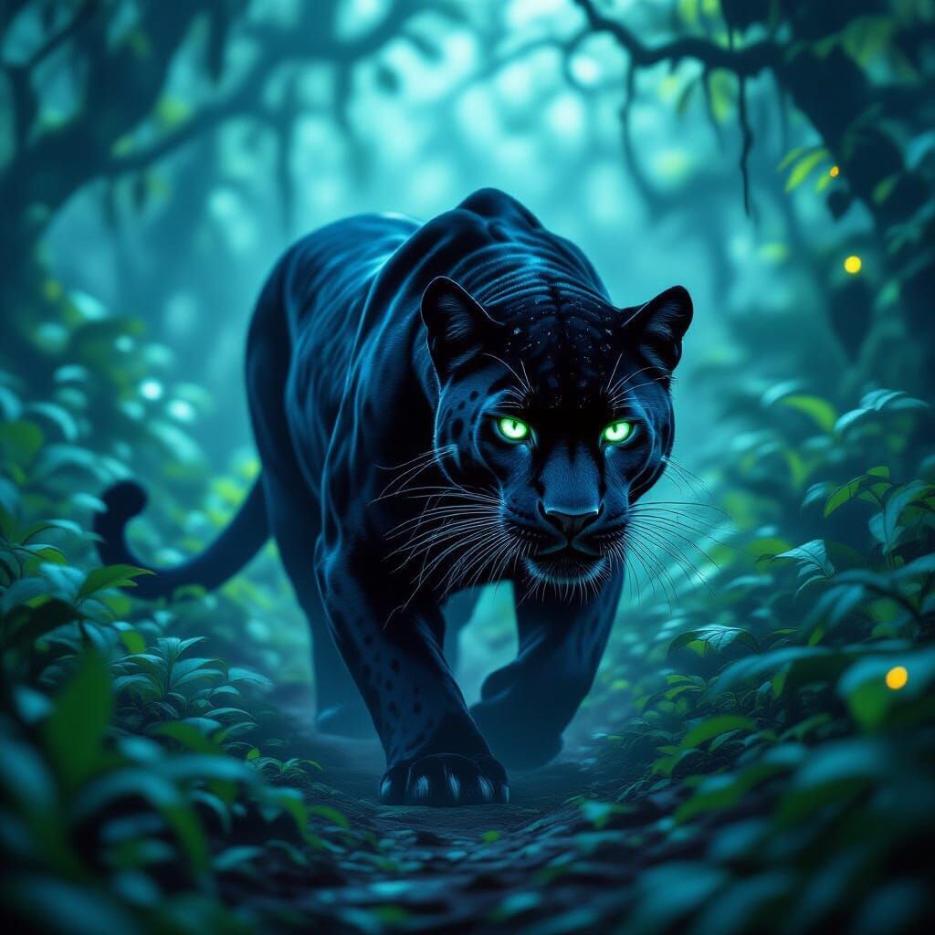 Bioluminescent Panther in Dense Rainforest, Matte Painting