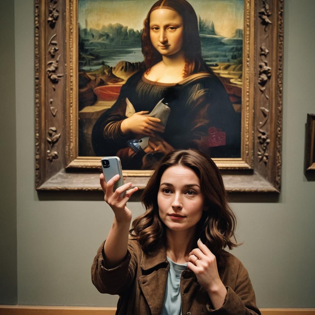 Woman Takes Selfie in Museum: Cinematic Film Still