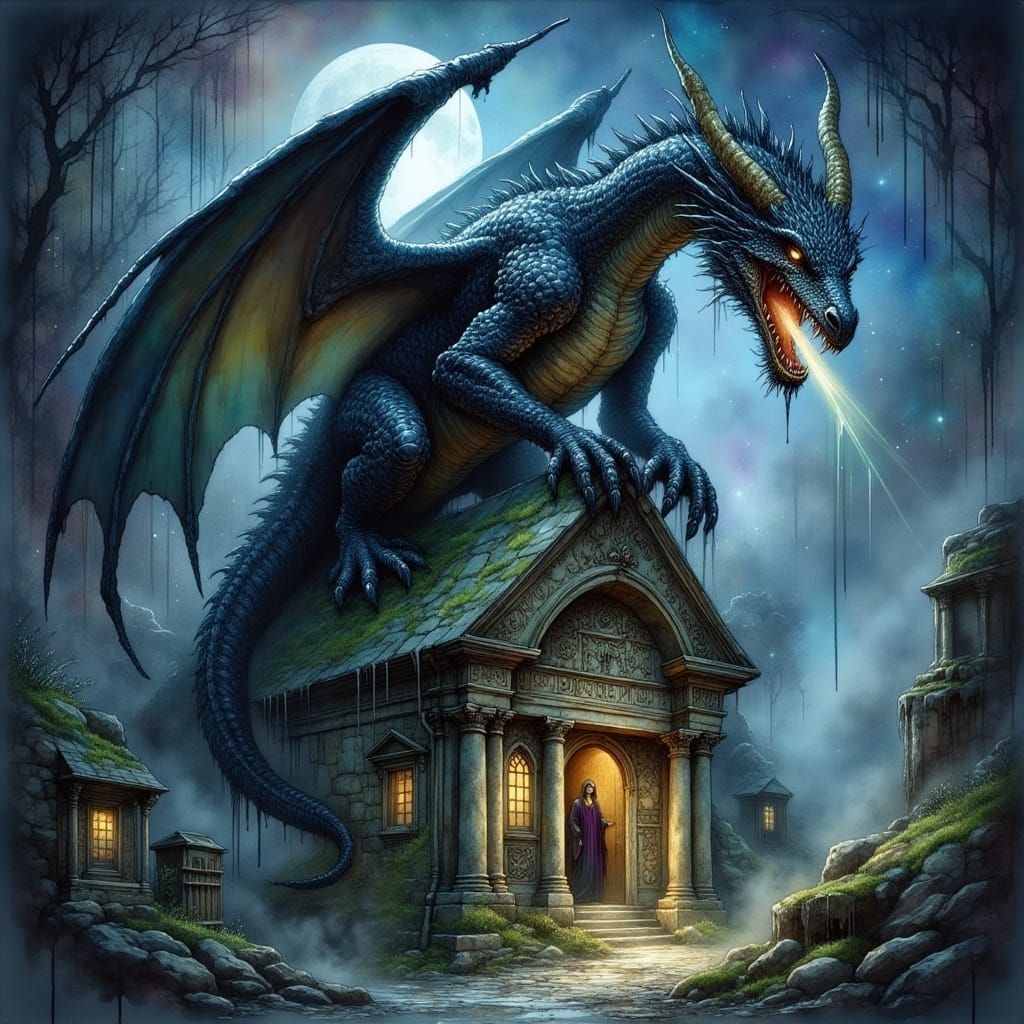 Ancient Obsidian Dragon on Ruined Temple