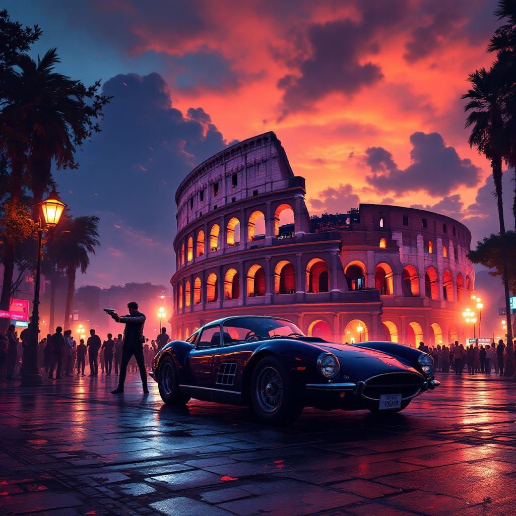 A GTA-style video game screenshot set in Rome, featuring the Colosseum at dusk with neon-lit streets and bustling crowds...