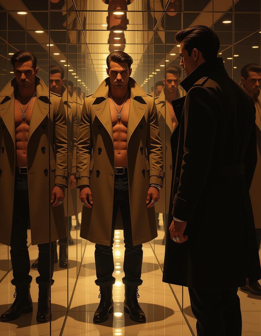 Man's Infinite Reflections in Mirrored Corridor