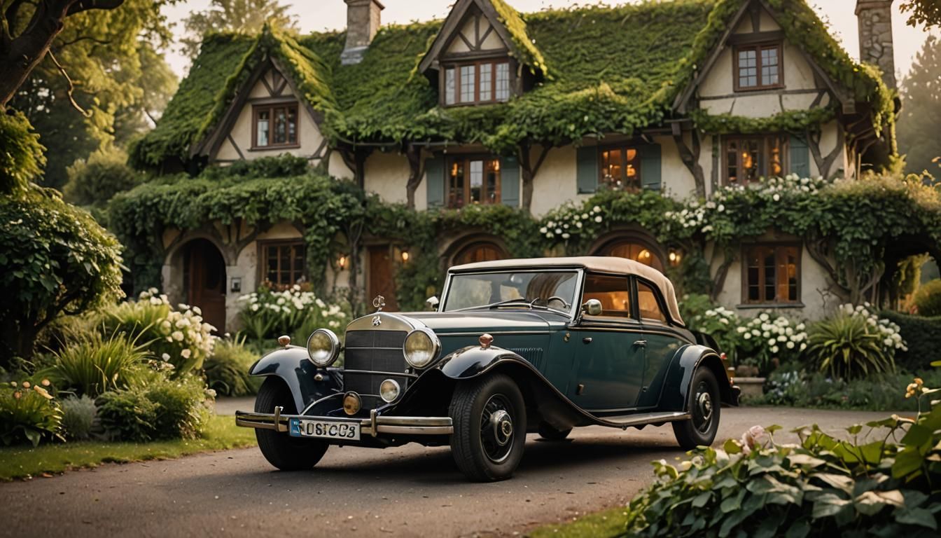 1924 Mercedes in Front of Elven Cottage