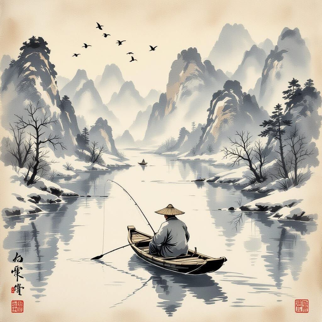 Ink Wash Painting of Solitary Fisherman in Winter Landscape