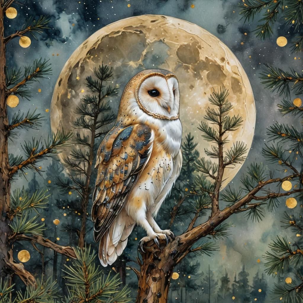 Barn Owl in Pine Tree with Moon, Alcohol-Ink Marbling