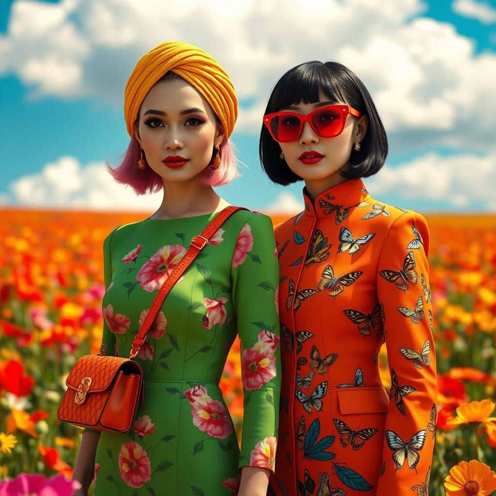 Ladies in Vibrant, Symmetrical Attire Amidst a Lush Flower F...