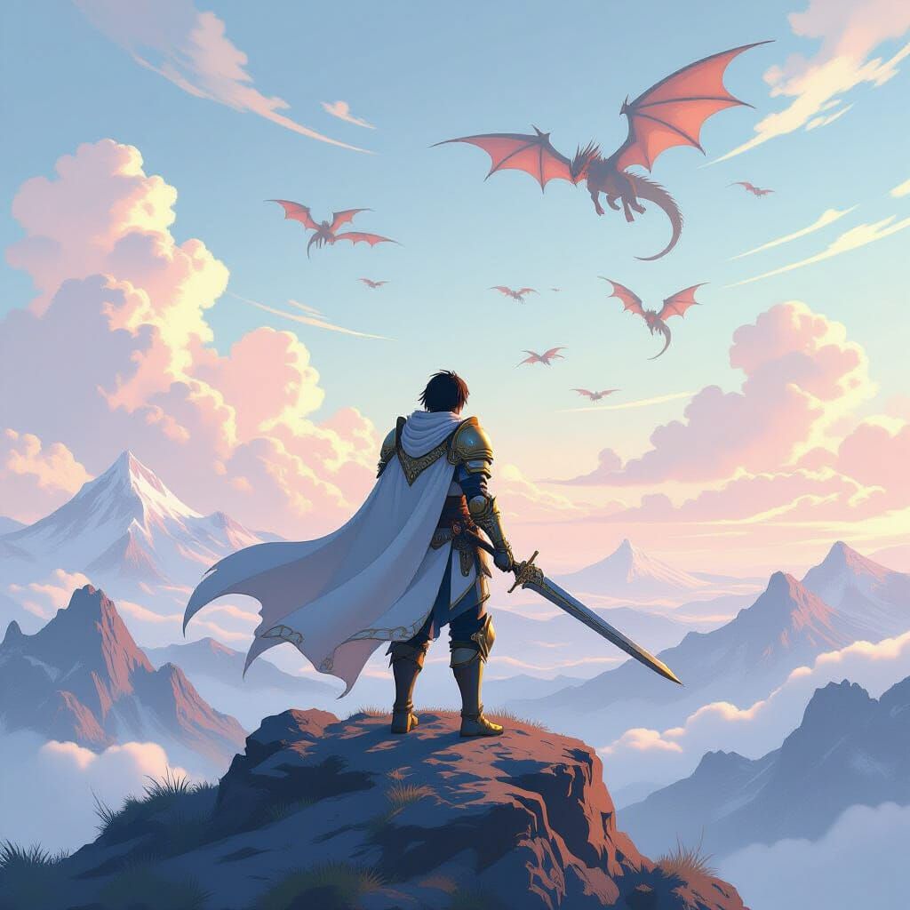 Anime Hero Observes Distant Dragons in Dreamlike Landscape
