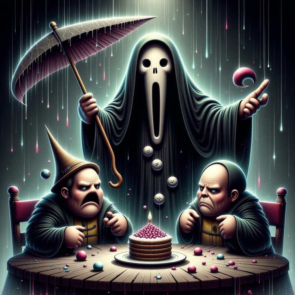 Grim Reaper Offers Cake or Death in Gothic Scene