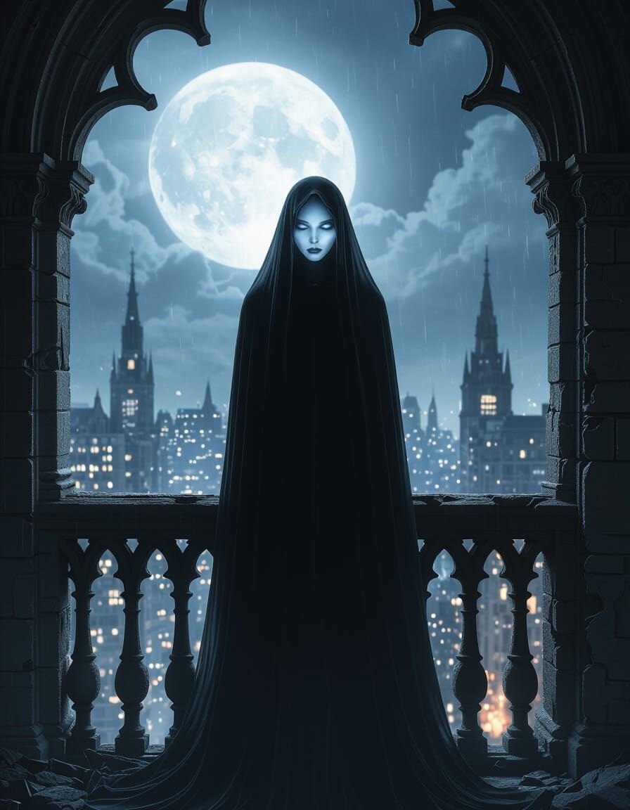Spectral Woman on Gothic Balcony Overlooking Stormy City