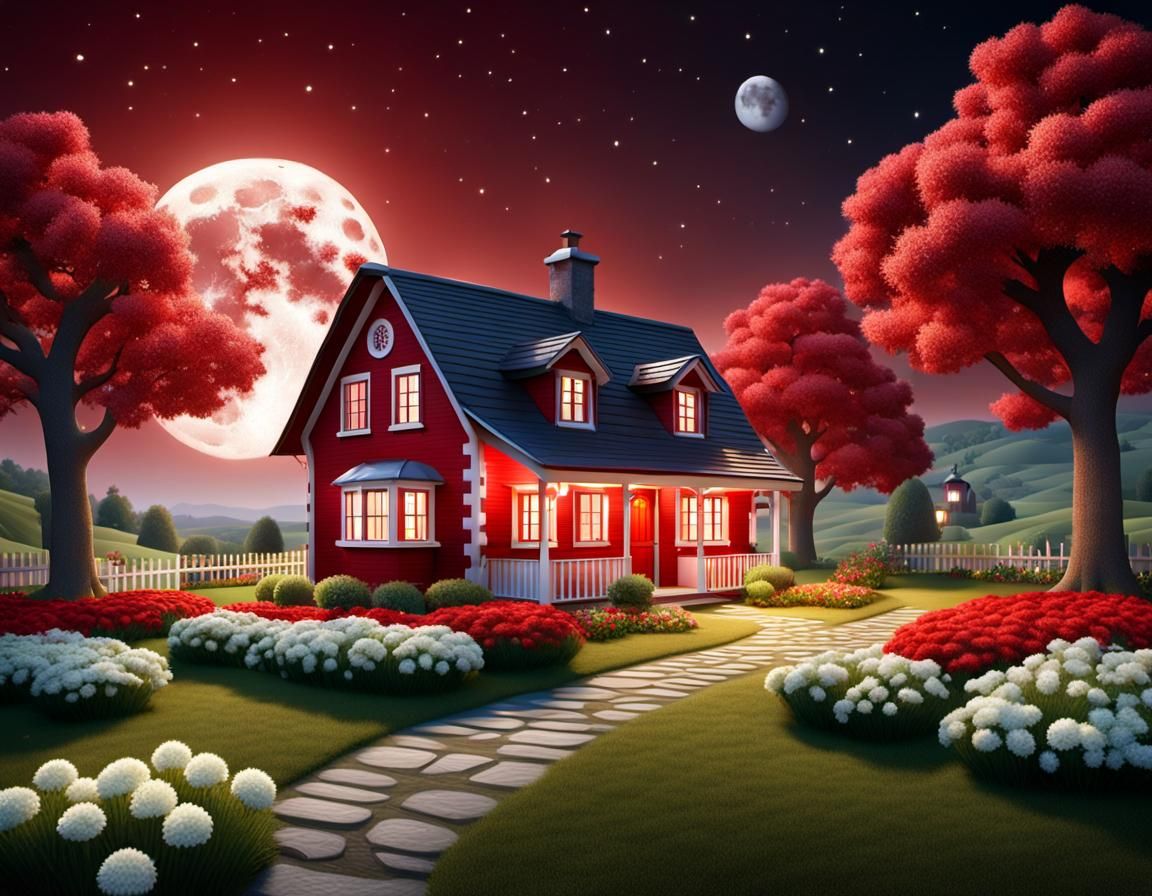 Red and White House Under Moonlight, Photorealistic 3D