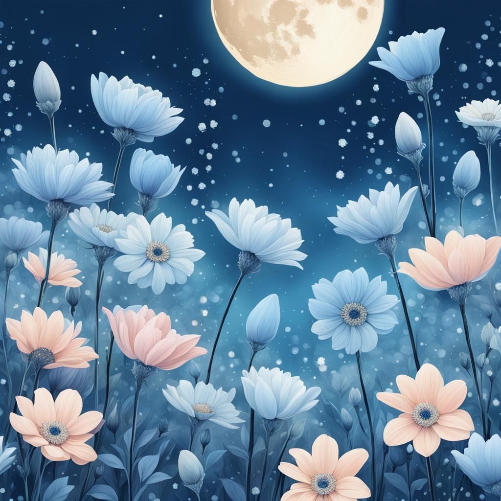 Pastel Blue Flowers Under Moonlit Sky