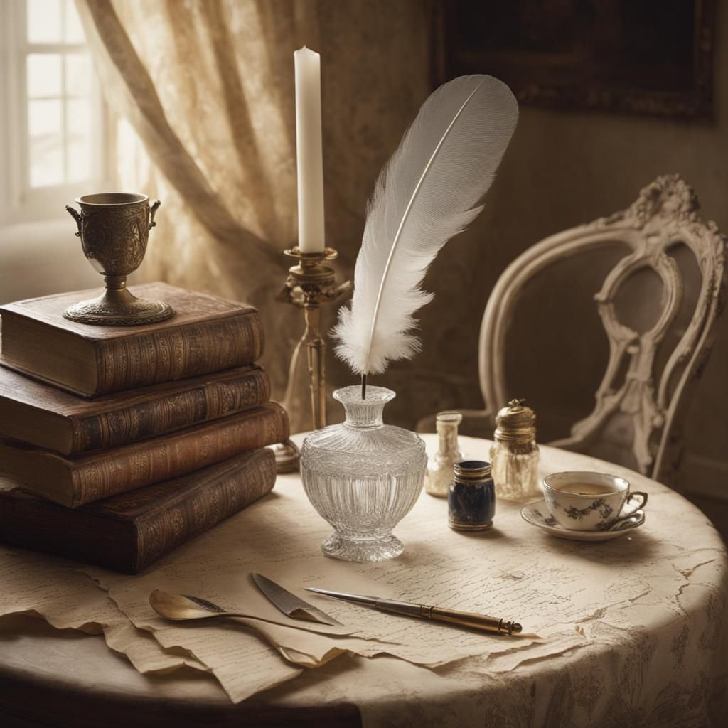 Round Table with Inkwell and Quill Pen