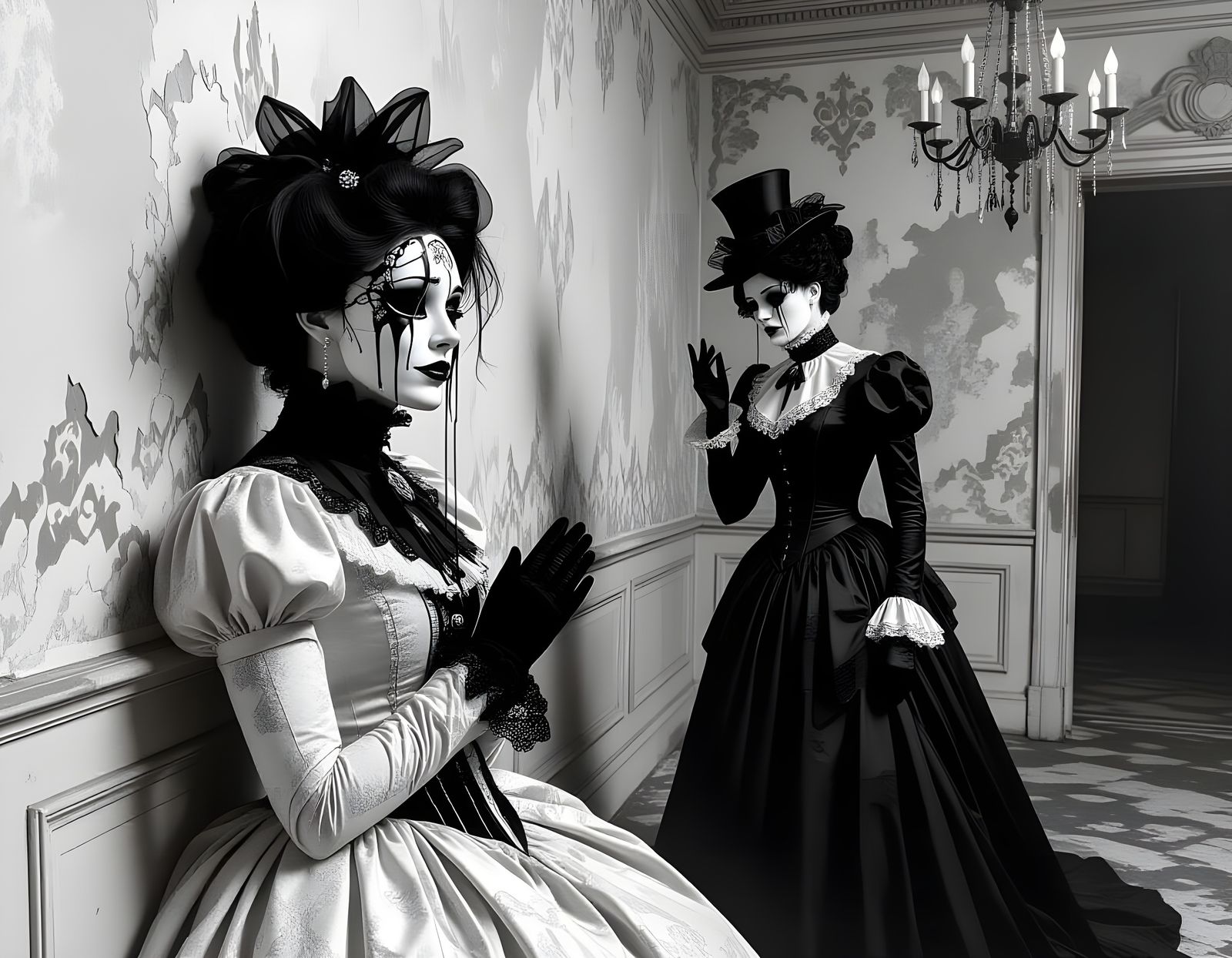 Spectral Figure Weeps Ink in Decaying Ballroom