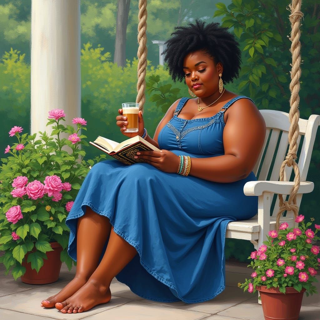 Regal African American Woman Reading on Porch Swing