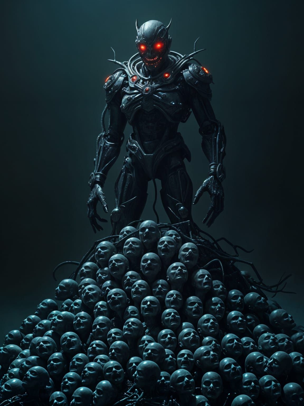 Cyberpunk Cenobite Ascends Amidst a Mound of Merged Souls