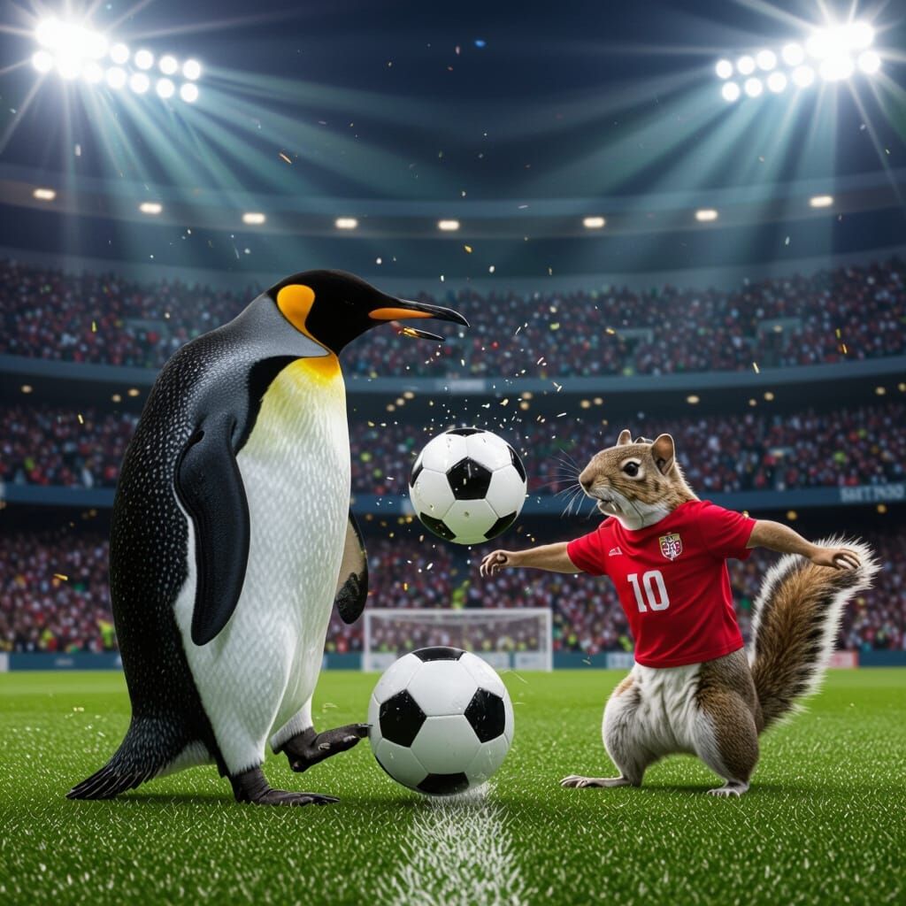 Penguin Soccer Star vs. Agile Squirrel in Packed Stadium
