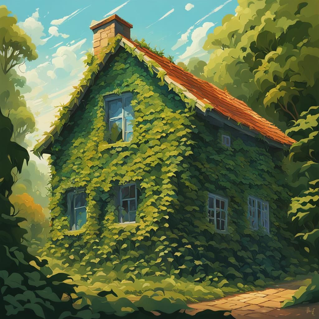 Ivy-Covered Cottage Painting in Purism Style