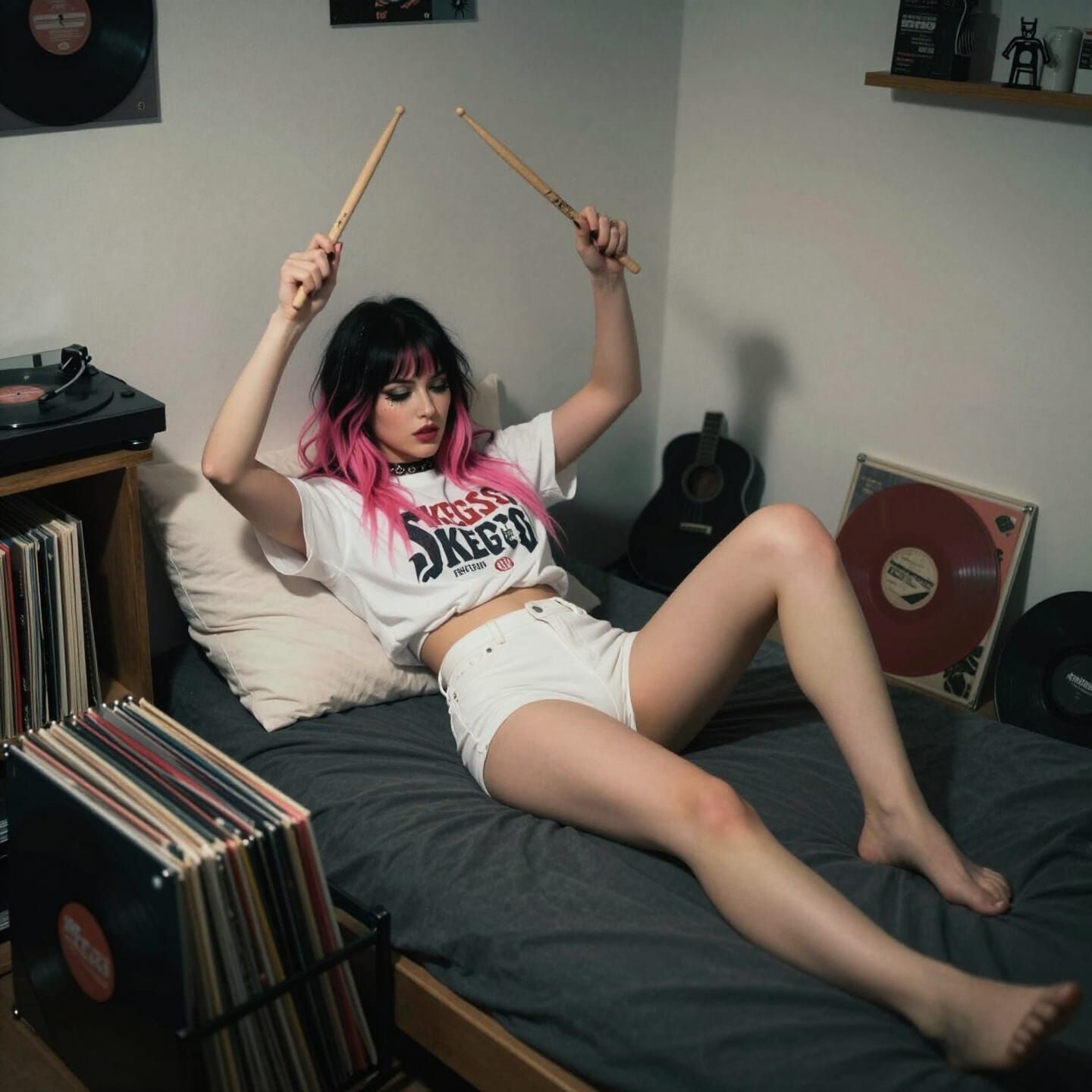 Punk Girl Playing Air Drums in Bedroom