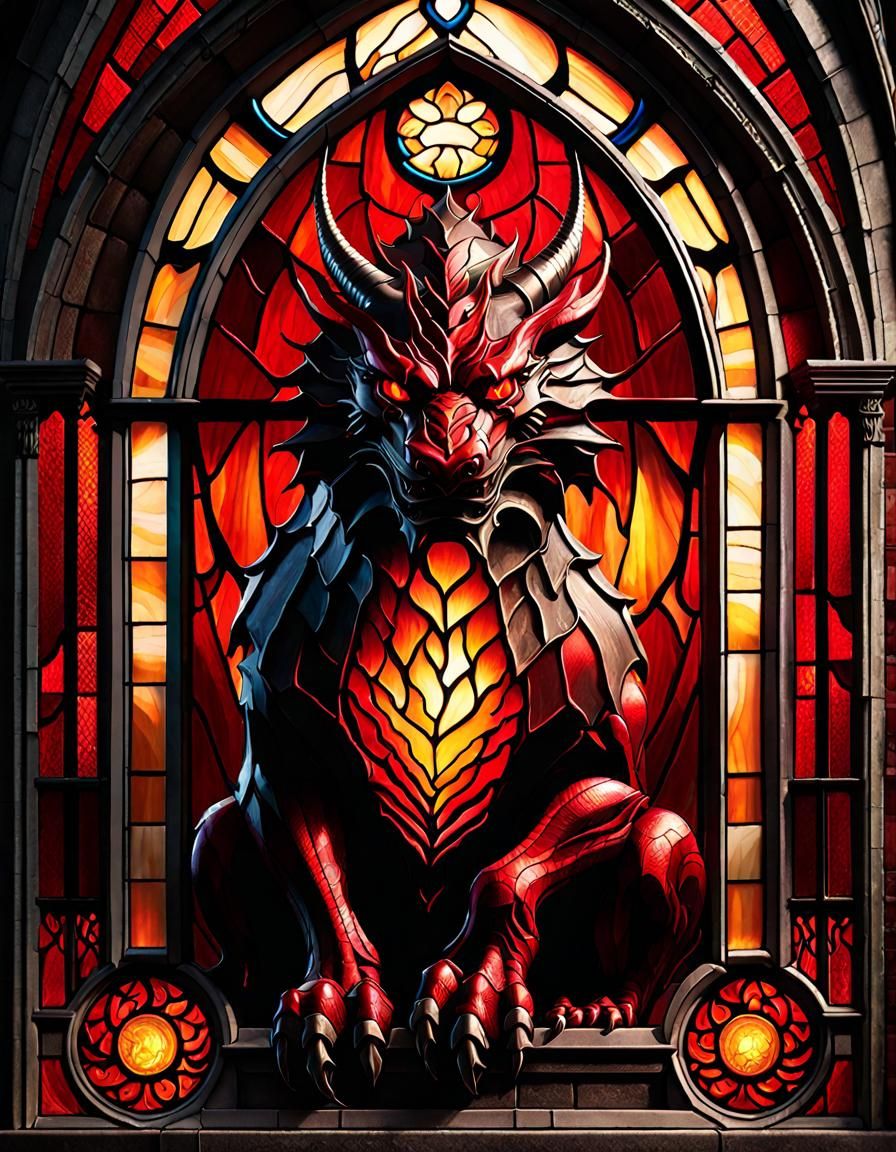 Fiery Wingless Dragon in Stained Glass