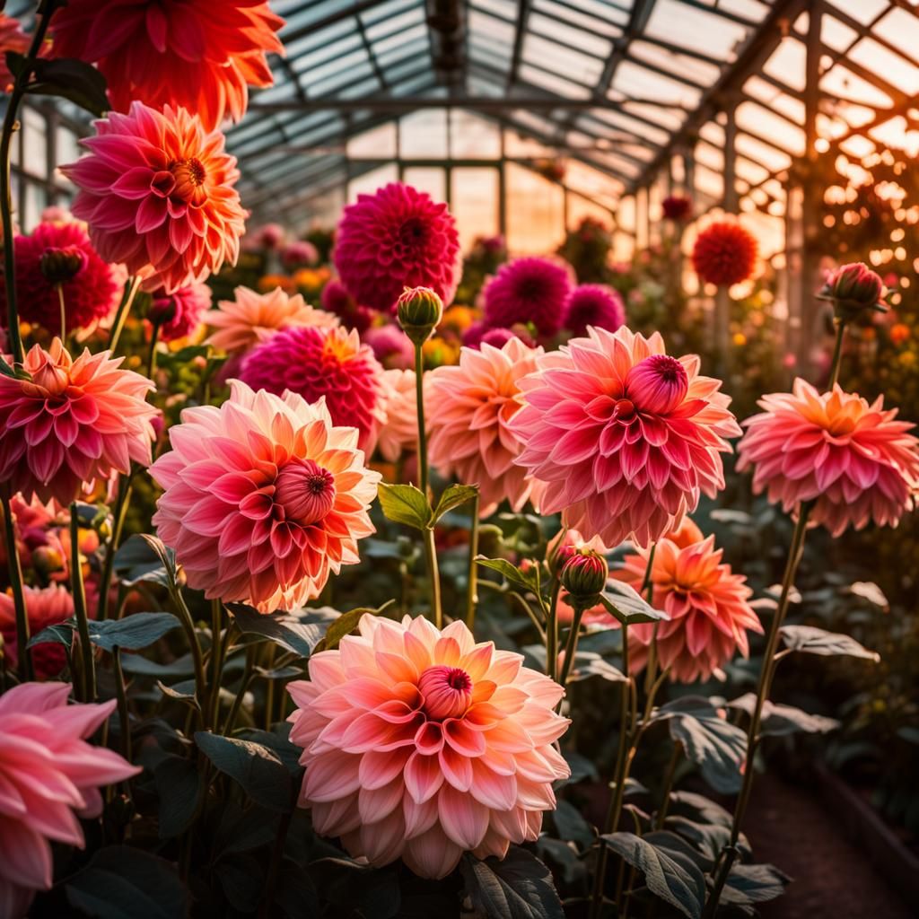Pink Dahlias in Greenhouse with Golden Sunlight