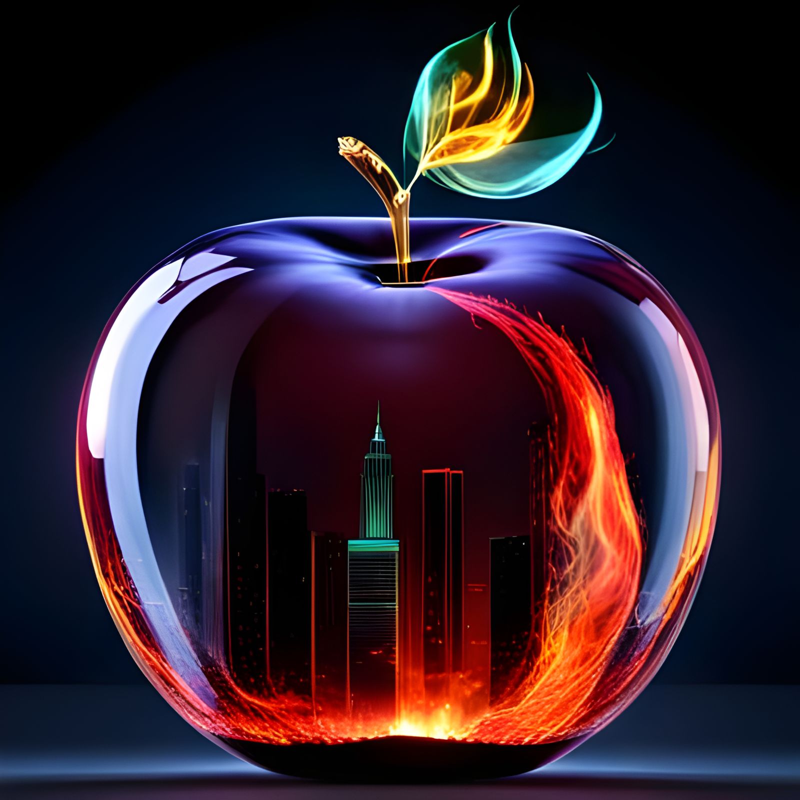 Crystal Apple Figurine Encasing Burning City