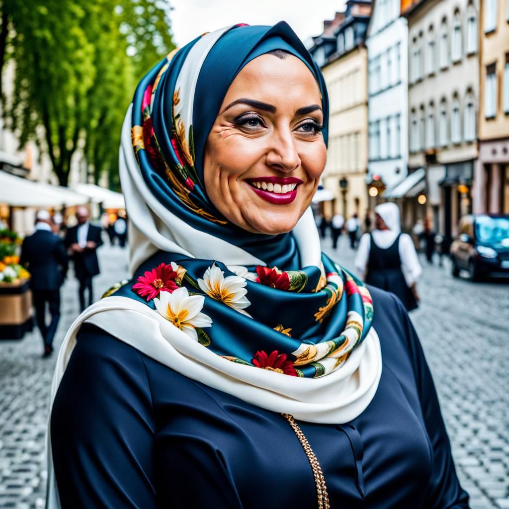 Smiling Hijabi Woman Exploring City as Oil Painting