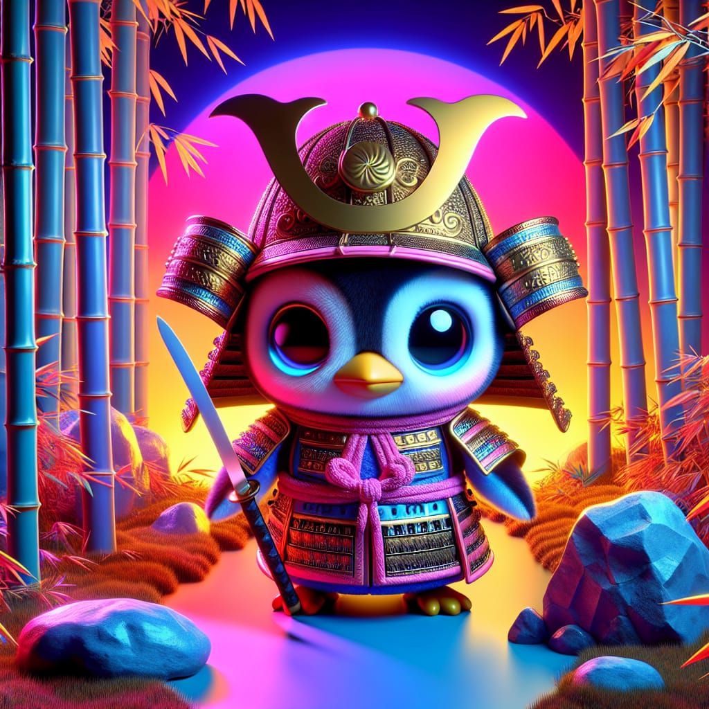Penguin Samurai in Bamboo Forest: 3D Digital Art
