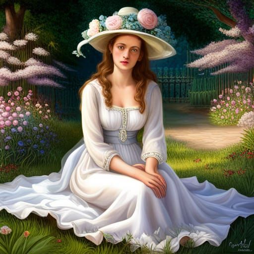 Goddess in Silk Dress in Heavenly Garden