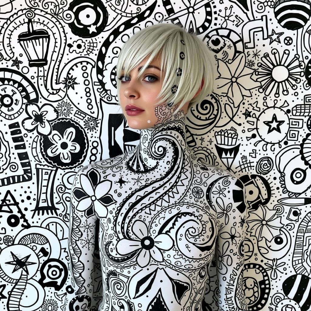 woman with white short hair, body paint with doodles, standi...