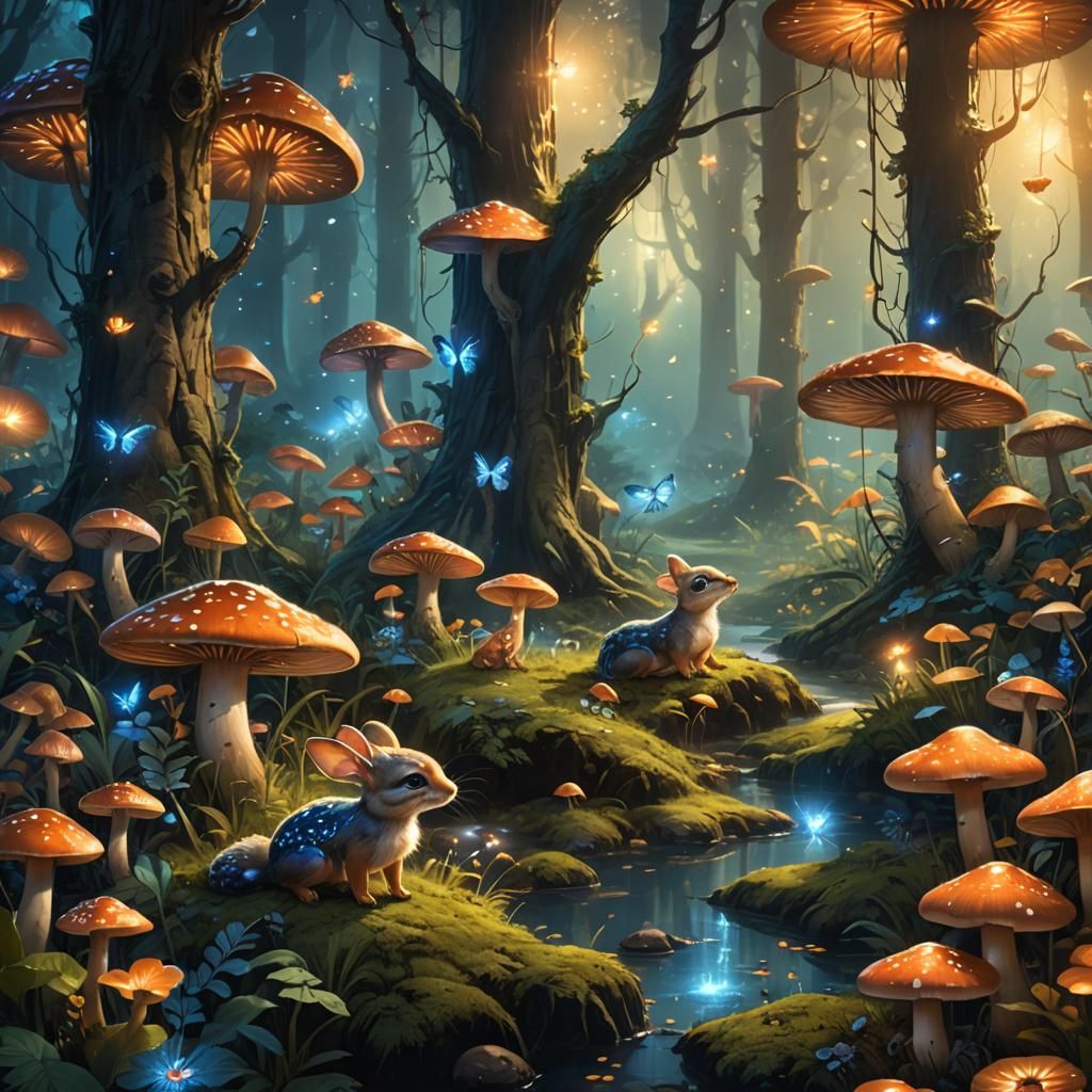 Lush Forest Scene with Baby Animals in Fantasy Art